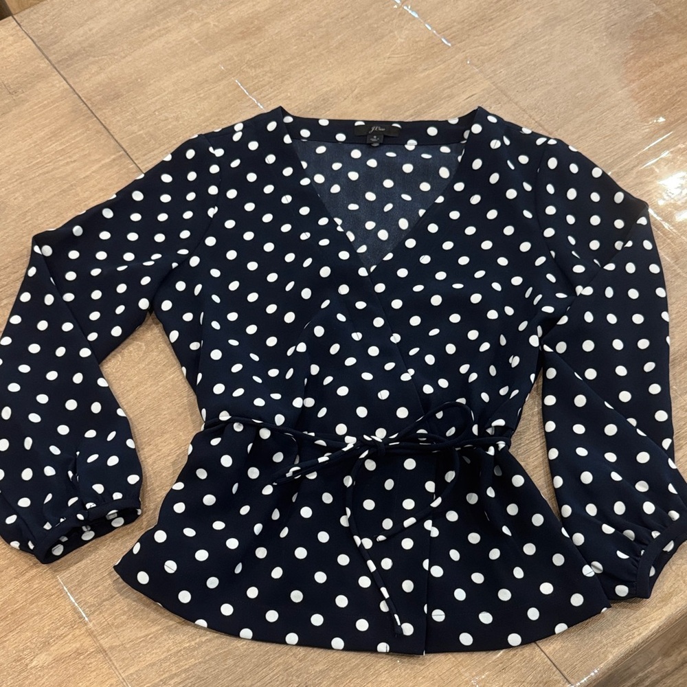 J. Crew Navy and White Polka Dot Wrap Blouse